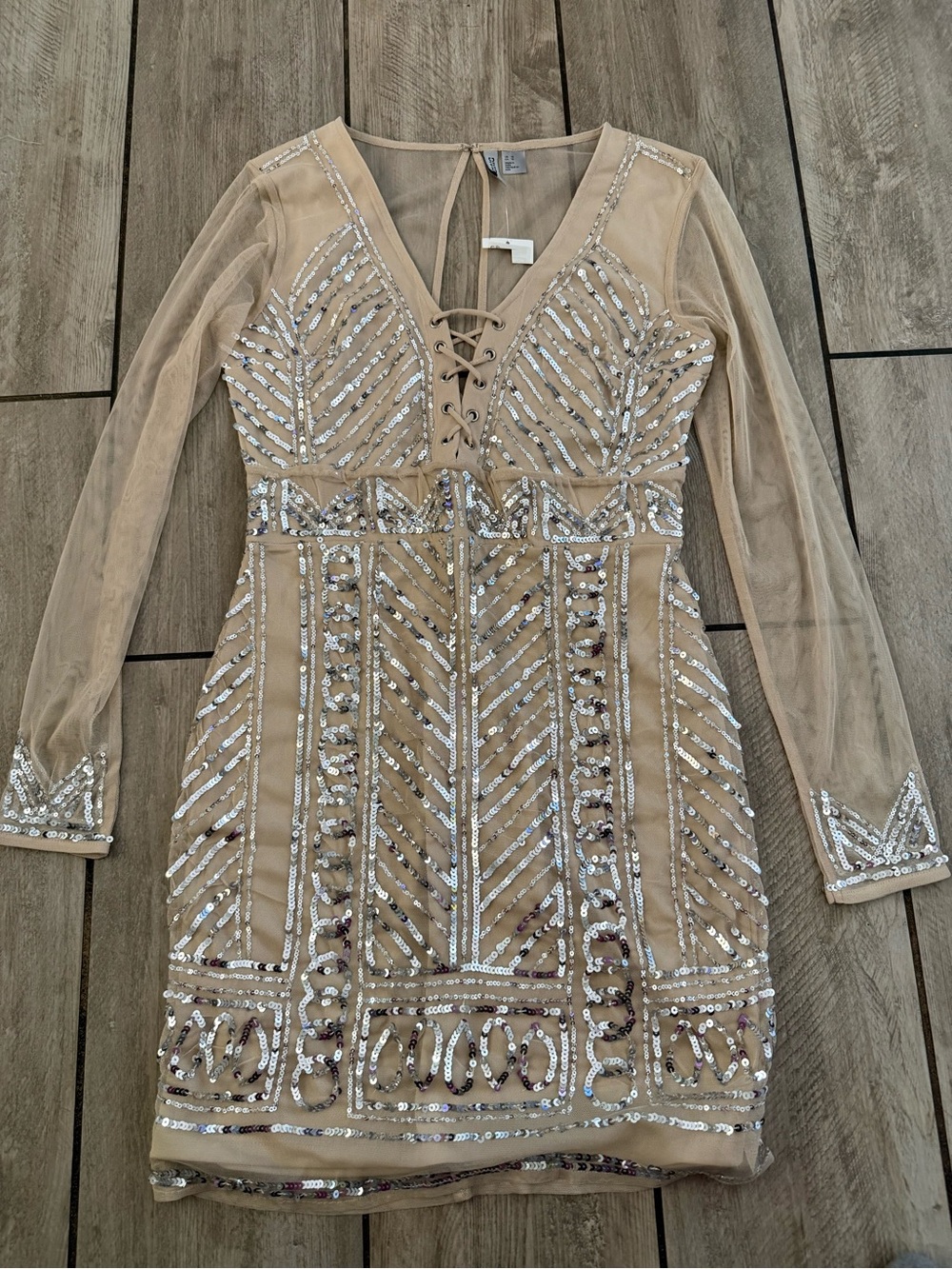 Divided Nude Beaded Mesh Long-Sleeve Mini Dress